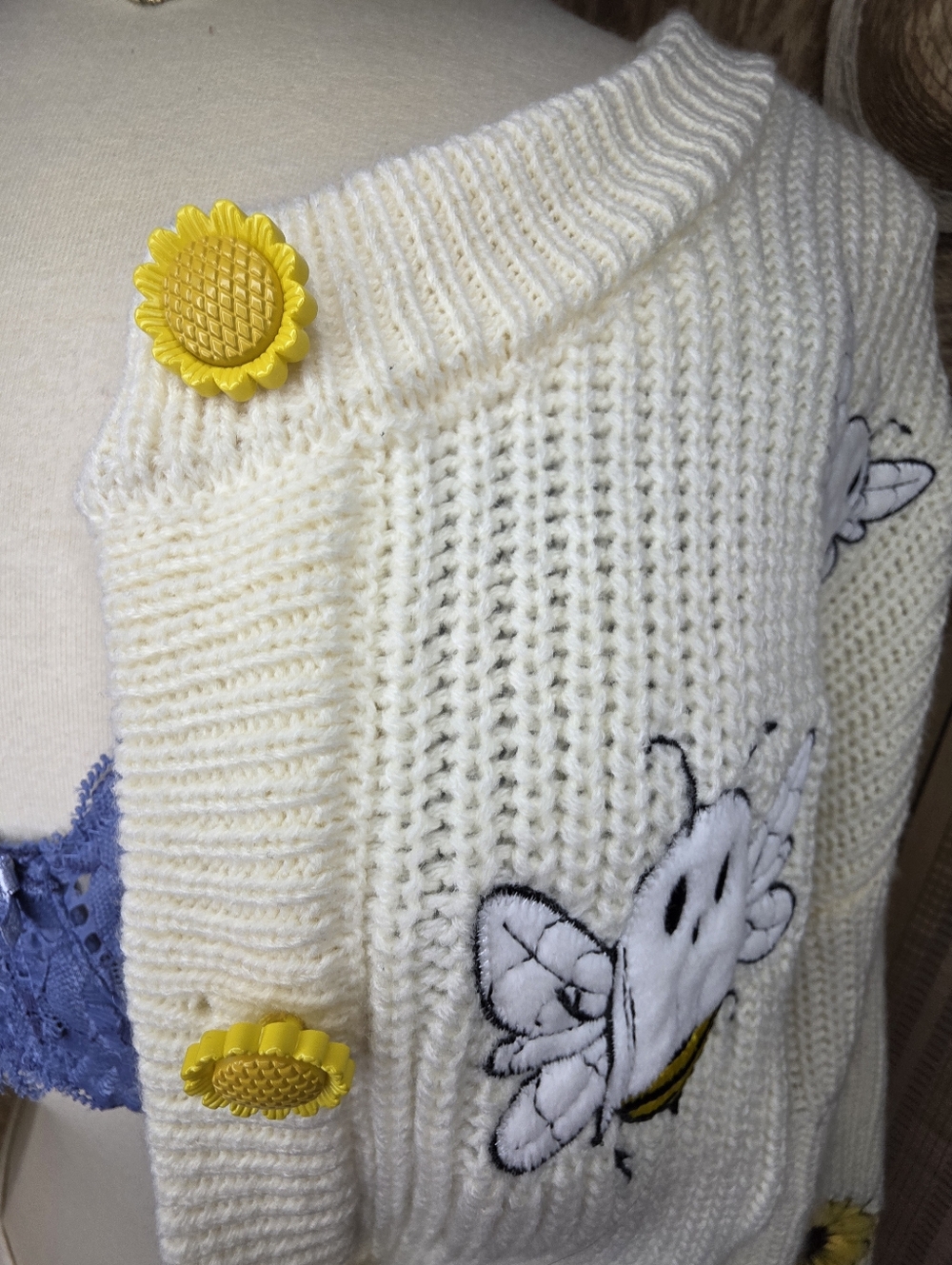 Ivory Chunky Knit Sunflower Button Up Cardigan Sweater with Ghost Bee "Boo-Bees" - Picture 4 of 8